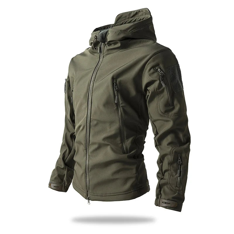 Men's hooded casual military outdoor multifunctional jacket, fashionable shark skin soft shell tactical waterproof jacket