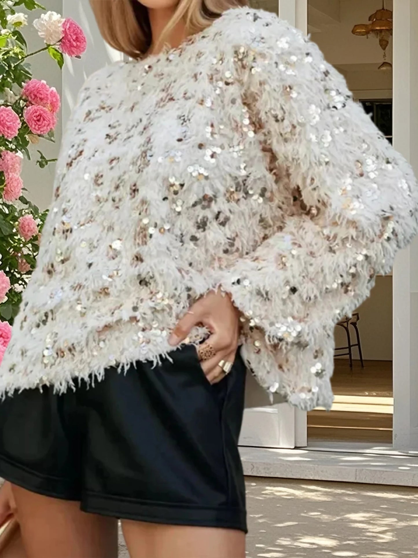 Women s Sparkly Sequin Sweater with Feather Tassel Detailing Cozy Crew Neck Long Sleeve Pullover for Stylish Winter and Fall