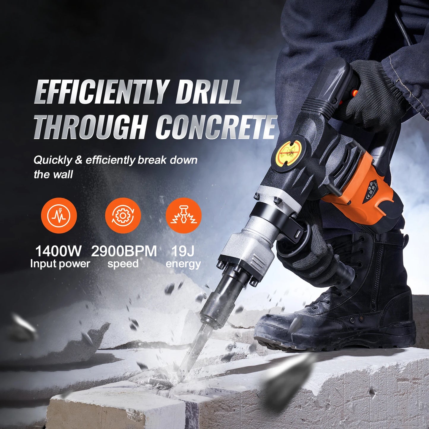 SucceBuy 1400 W Demolition Jack Hammer Electric Jackhammer Heavy Duty 2900 BPM Concrete Breaker 2 pcs Chisels Bits Chipping