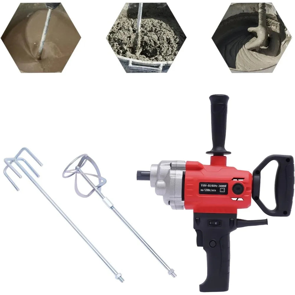2400W Electric Concrete Mixer Drill Mixer Set with Handle and Mixing Paddles Corded Mixing Machine for Cement Plaster Mud Mortar