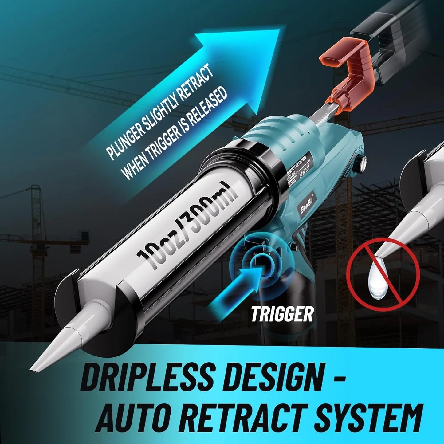 SEESII Electric Caulking Gun 10oz Cordless Caulking Gun 2pcs 2000mAh Battery 6 Adjustable Speeds Adhesive Gun Kit Power Tools