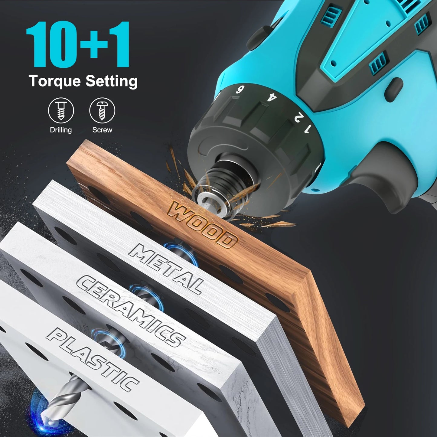 180N.m Electric Screwdriver Cordless Brushless Multi-Function 12V Drill/Driver Power Tools Two 1.3Ah Lithium-ion Batteries