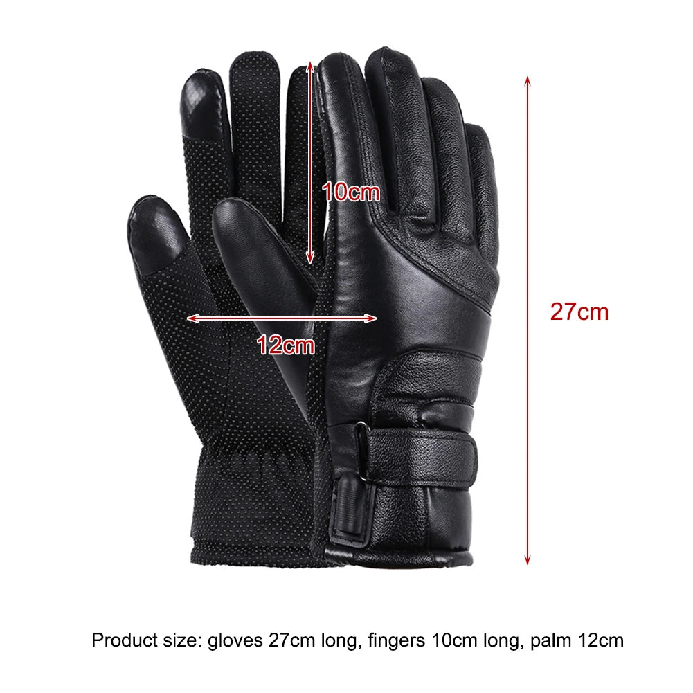 Leather Thermal Heated Gloves Waterproof Outdoor Cycling Thermal Bike Gloves Touchscreen Hand Warmer for Hiking Skiing Fishing