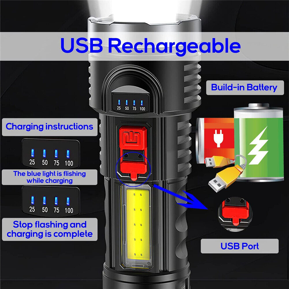 Brightest Flashlight 990000000 Lumens – Ultra-Powerful Rechargeable LED Torch with 4 Lighting Modes & Side COB Light
