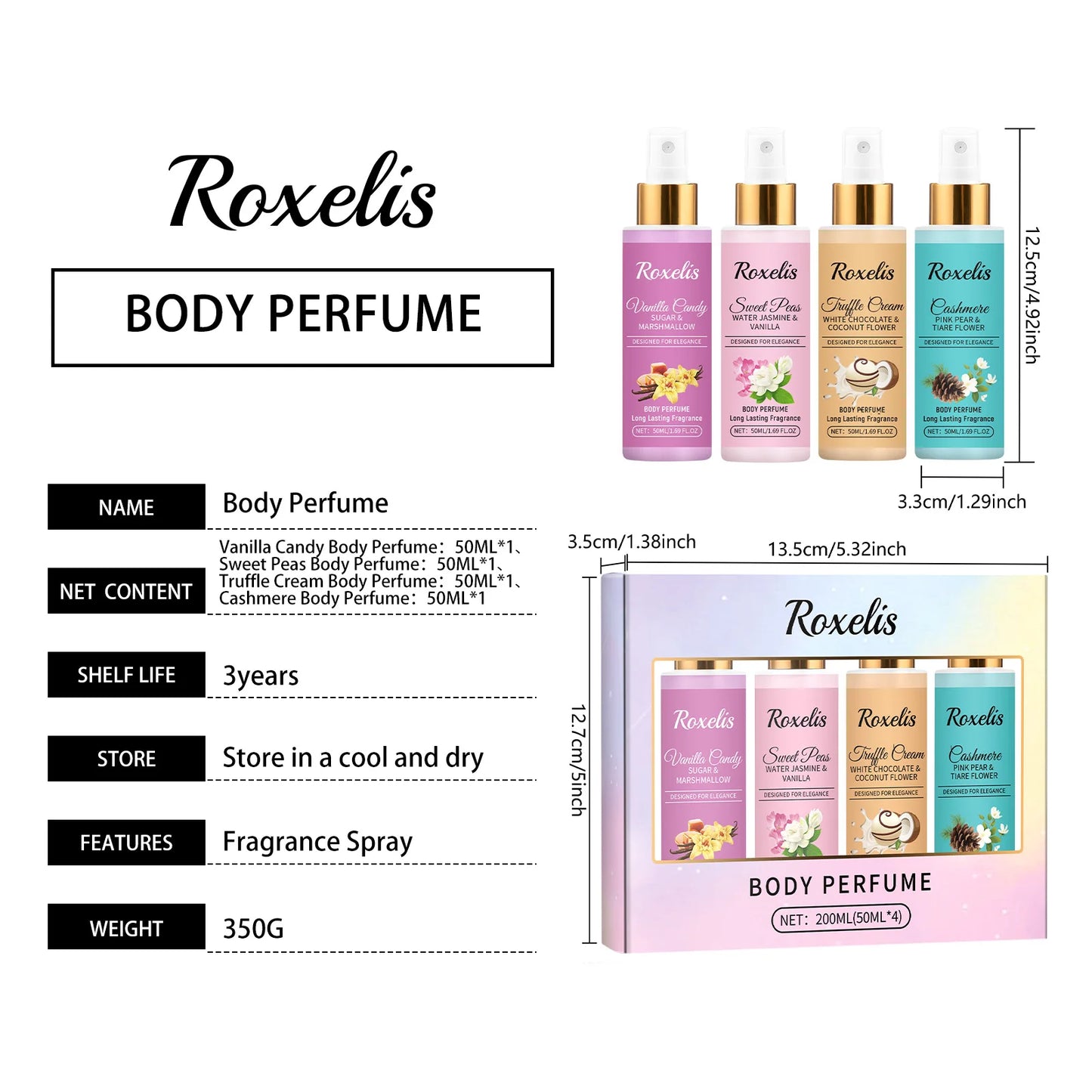 Roxelis 1set Body Fragrance Perfume Spray Set Long Lasting Freshing Fruit Scent Daily Dating Glamour Flirting Elegant Perfume