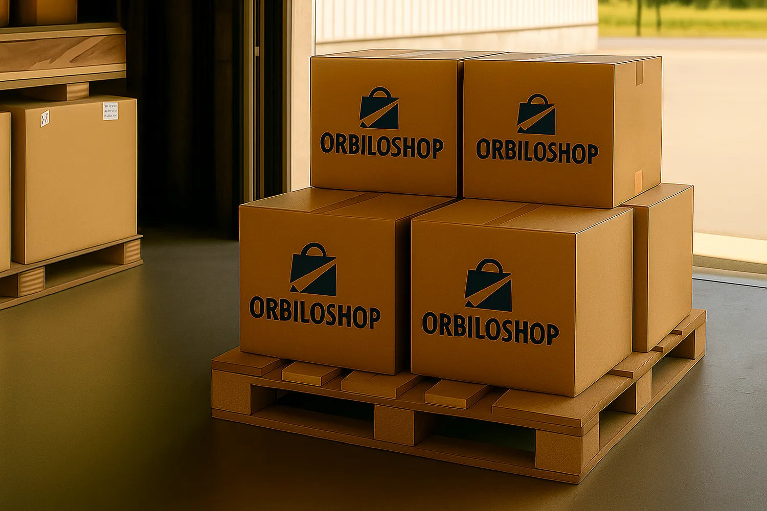 Stack of cardboard boxes with Orbiloshop logo on a wooden pallet.