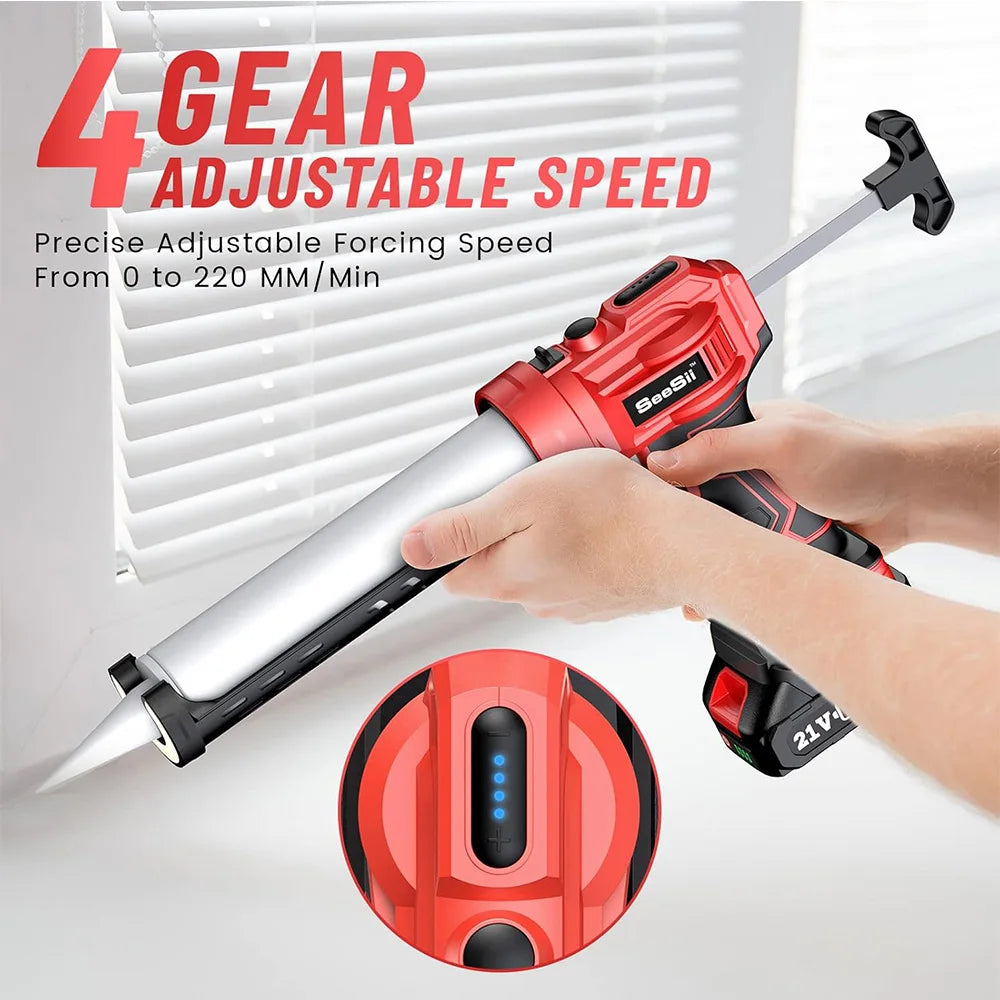 Seesii 20V Caulking Gun Cordless Adjustable 4 Speeds Electric Adhesive Gun Kit 10oz/300ml Battery Caulk Gun for Filling Sealing