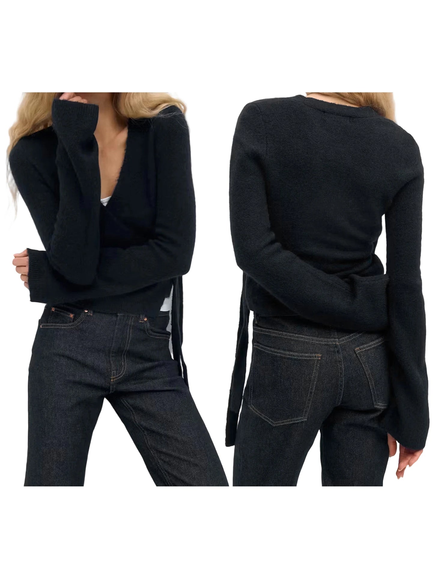 Women s V Neck Tie Front Wrap Cardigan Long Sleeve Crop Knit Sweater Casual Fall Clothes Solid Color Stylish Top