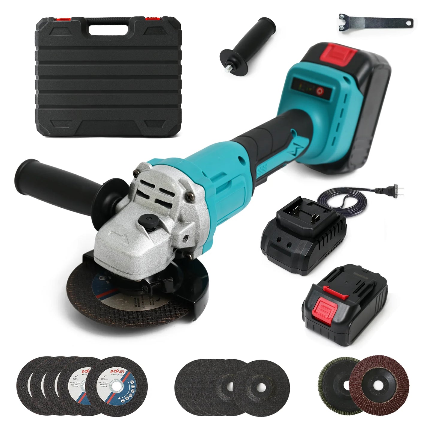 Cordless Angle Grinder Kit Brushless 2x21V-1300mAh Batteries Charger 2 Grinding Wheels 10 Cutting Discs for Cutting Polishing