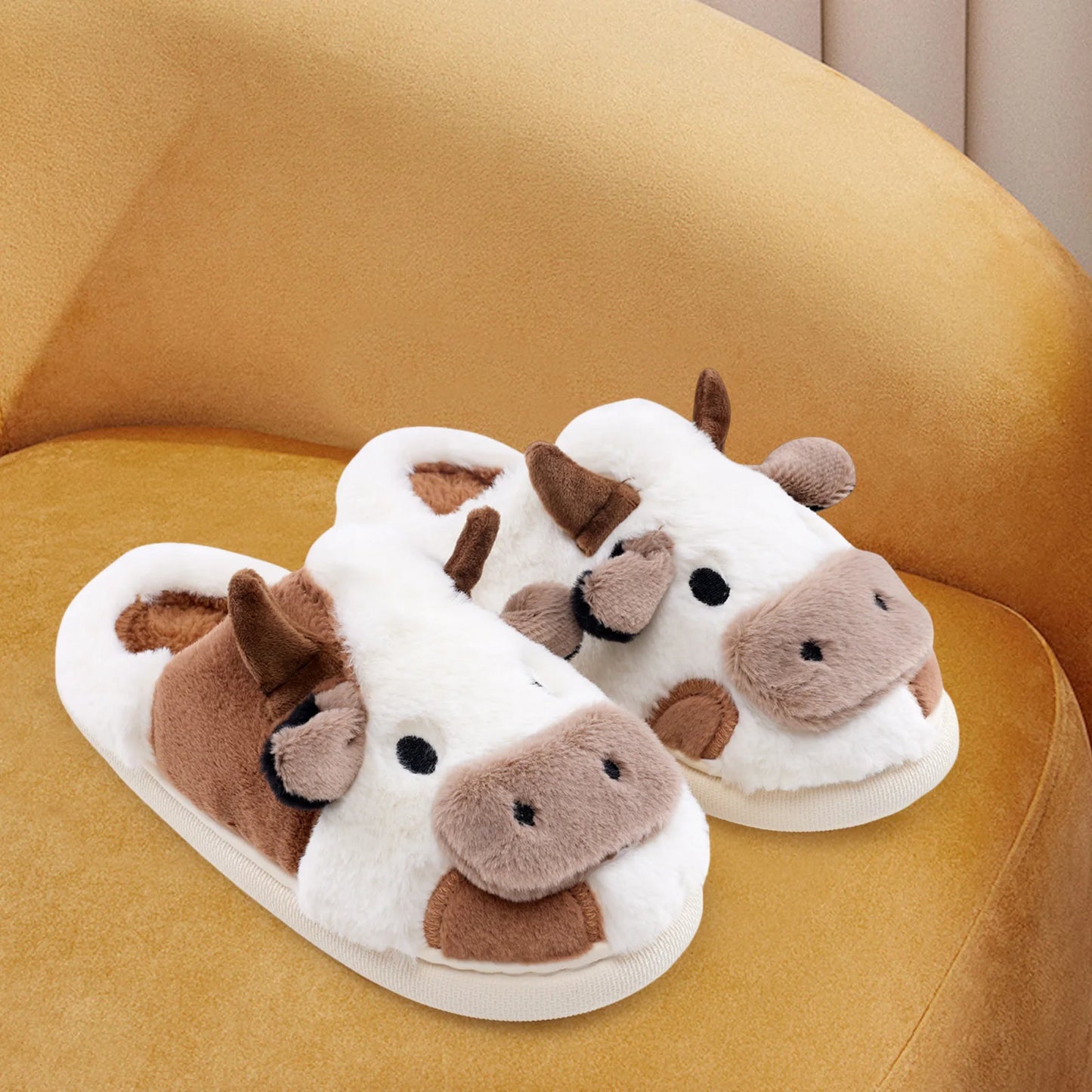 Fuzzy Cow Slippers for Women & Men, Couple's Warm Cartoon Cow Animals Slippers, Winter Cozy Fluffy Plush Slip On House Slippers