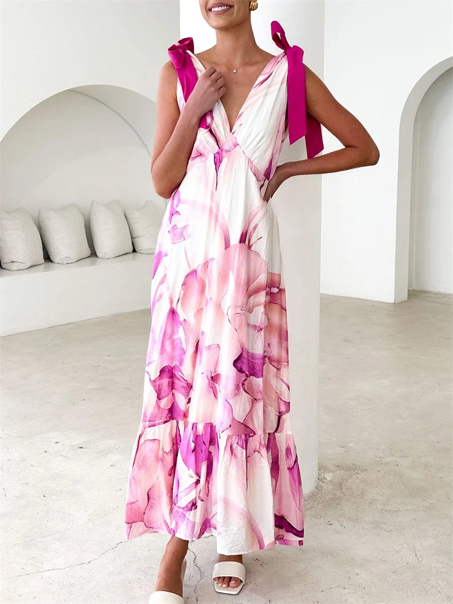 Elegant Floral Print Sleeveless V Neck Maxi Dress with Open Back and Spaghetti Straps for Women s Summer Fashion