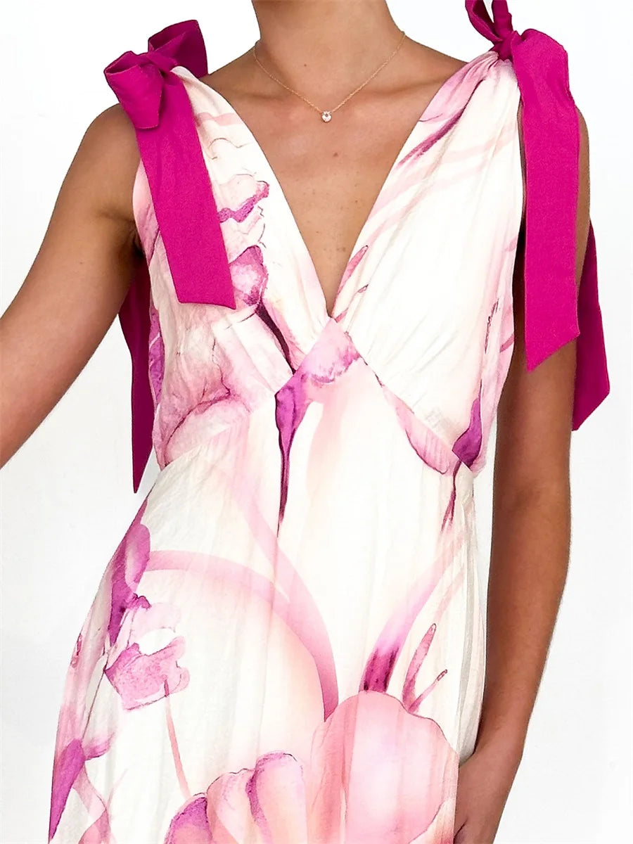 Elegant Floral Print Sleeveless V Neck Maxi Dress with Open Back and Spaghetti Straps for Women s Summer Fashion