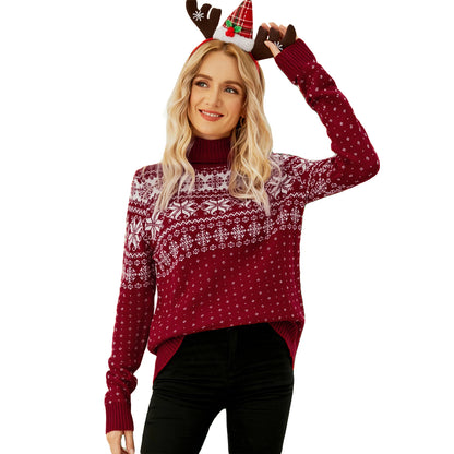 Women s Christmas Snowflake Knitted Sweater Long Sleeve High-neck Print Christmas Pullover Knitwear