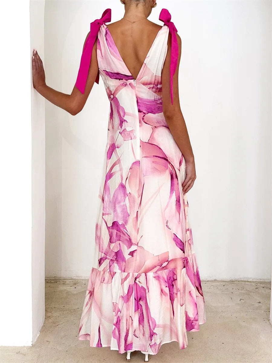 Elegant Floral Print Sleeveless V Neck Maxi Dress with Open Back and Spaghetti Straps for Women s Summer Fashion