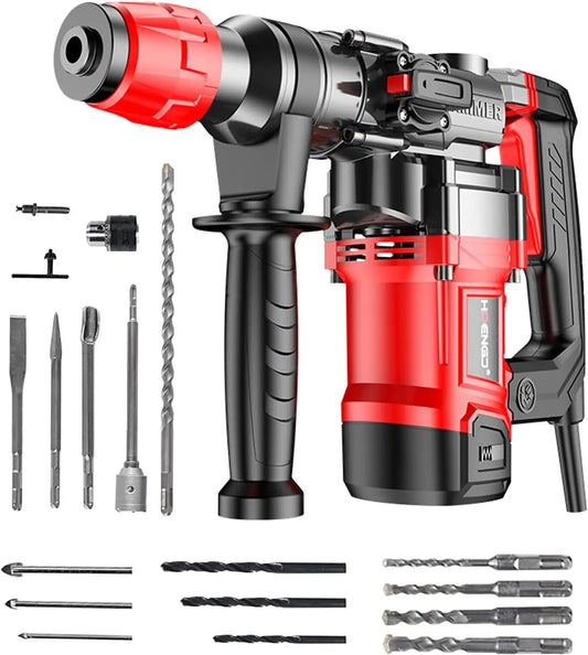 Rotary Hammer Drill with Safety Clutch, 1100 RPM AC Corded Rotomartillo for Concrete - Including 6 Drill Bits,Carbon Brush,Carry