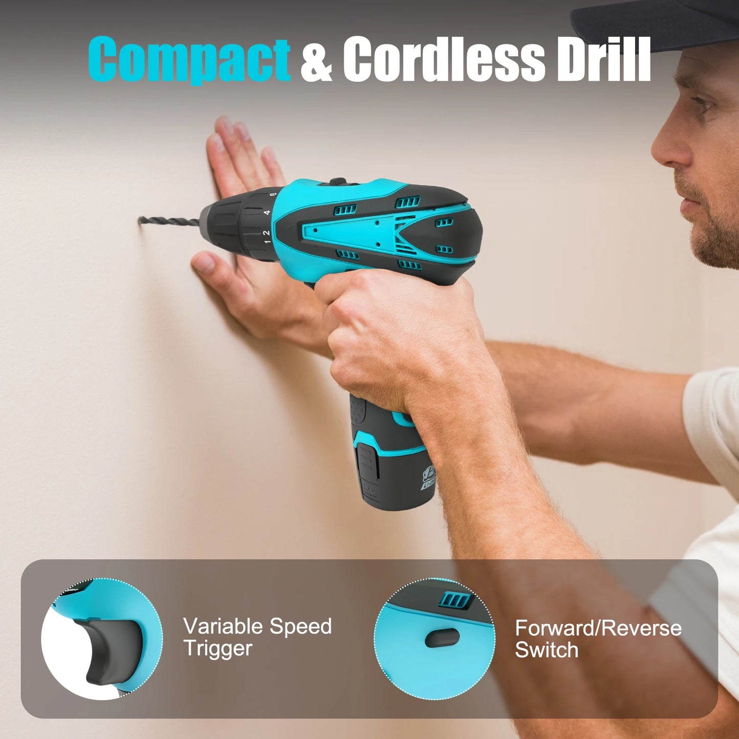 180N.m Electric Screwdriver Cordless Brushless Multi-Function 12V Drill/Driver Power Tools Two 1.3Ah Lithium-ion Batteries