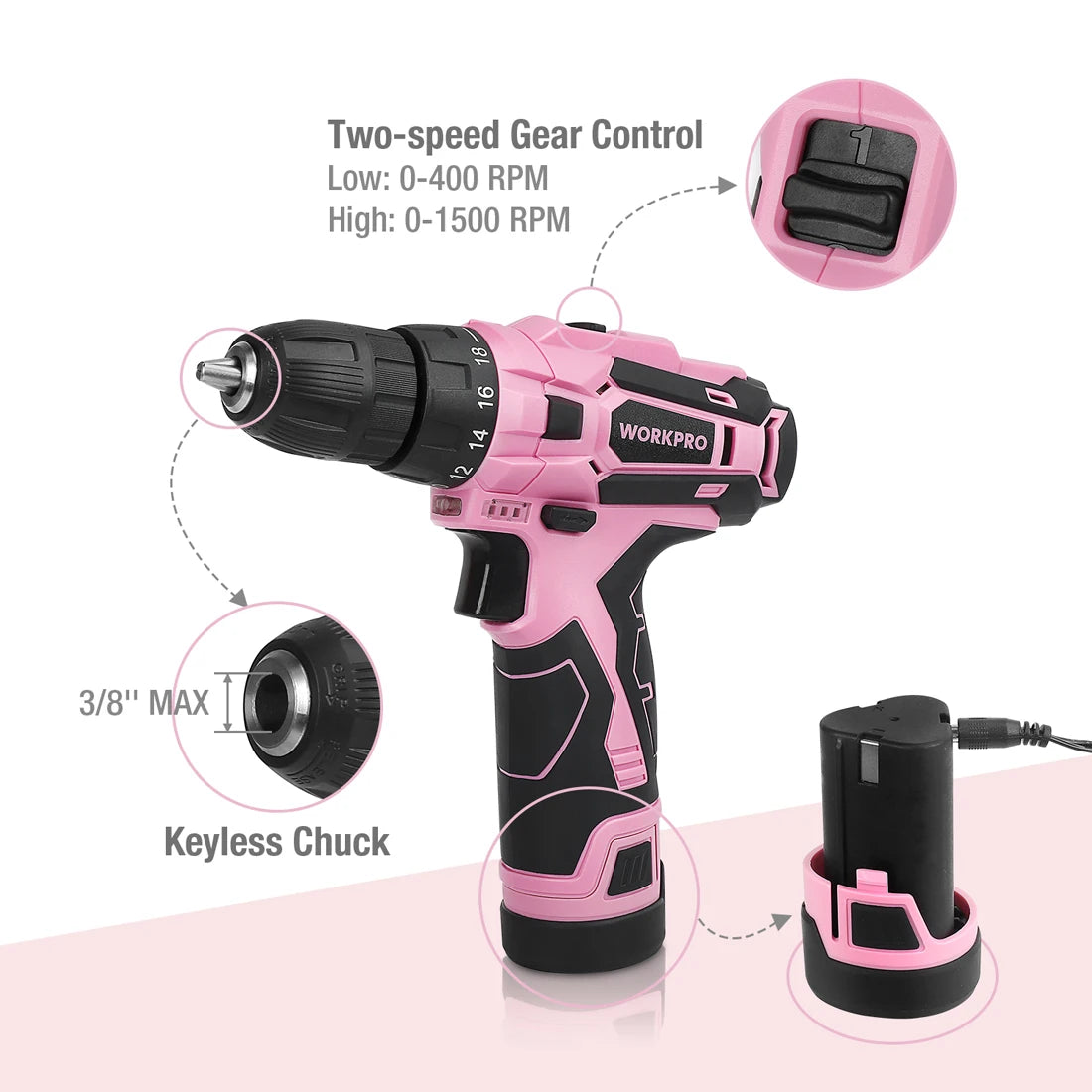 WORKPRO Pink Cordless Drill Driver Set, 12V Electric Screwdriver Driver Tool Kit, 3/8" Keyless Chuck