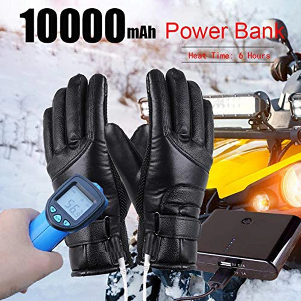 USB Heated Gloves PU Winter Electric Warming Gloves Soft Leather Heating Gloves Winter Outdoor Warm Gloves for Off Road Skiing