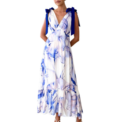 Elegant Floral Print Sleeveless V Neck Maxi Dress with Open Back and Spaghetti Straps for Women s Summer Fashion