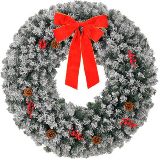 24" Christmas Wreath with Remote Lighted Snow Flocked Artificial Xmas Wreath Warm Lights Ornaments for Door Gate Wall Party Deco