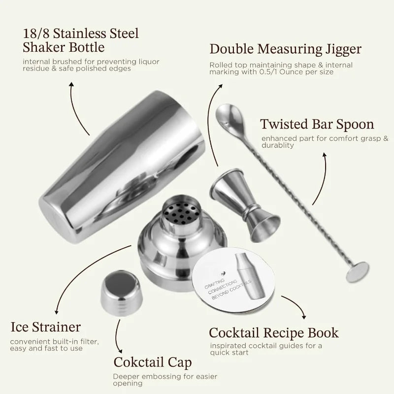 Cocktail Shaker 24oz Drink Shaker with Bartender Strainer, Measuring Jigger, Bar Mixing Spoon, Professional Drink Mixer Silver