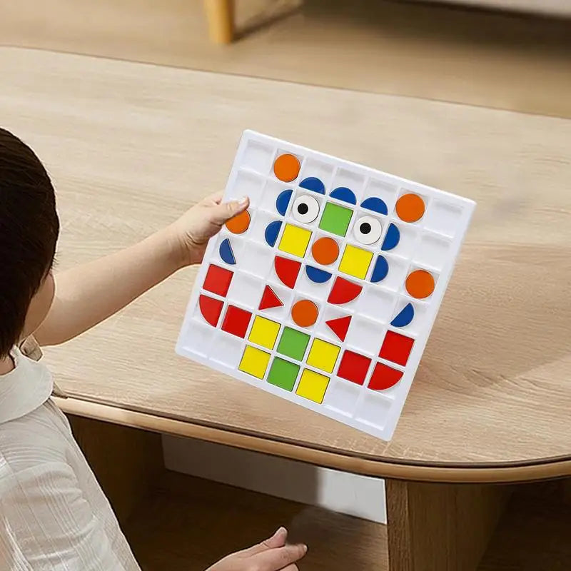 Child holding a colorful geometric shape puzzle on a wooden table