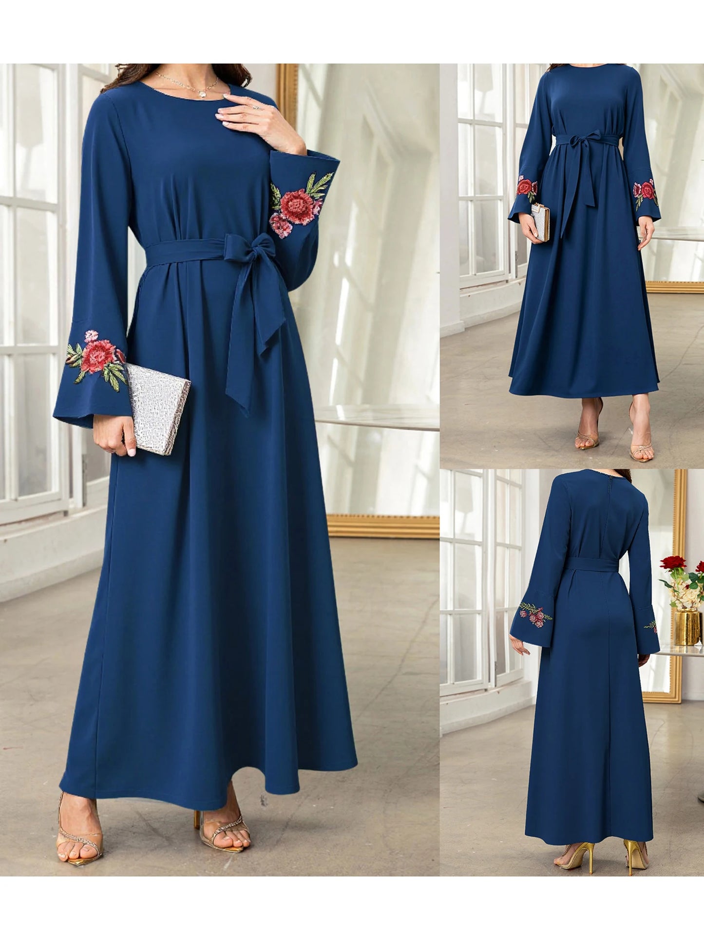 Elegant Floral Patterned Abaya Dress with Belt and Flare Sleeves Round Neck Long Sleeve Robe for Women Perfect for Prayer and