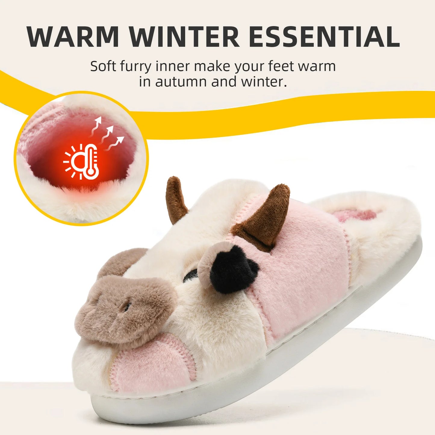 Fuzzy Cow Slippers for Women & Men, Couple's Warm Cartoon Cow Animals Slippers, Winter Cozy Fluffy Plush Slip On House Slippers