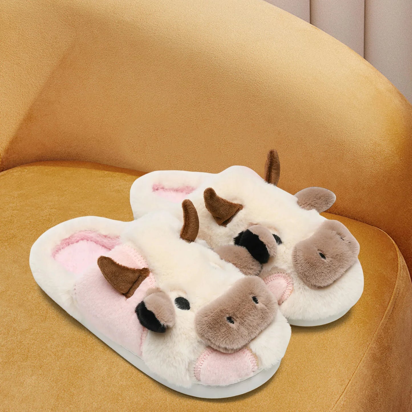 Fuzzy Cow Slippers for Women & Men, Couple's Warm Cartoon Cow Animals Slippers, Winter Cozy Fluffy Plush Slip On House Slippers