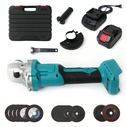 Cordless Angle Grinder Kit Electric Tool 4Inch 21V Brushless Power 9000r/min 2x1300mAh Lithium Batteries for Cutting Shaping