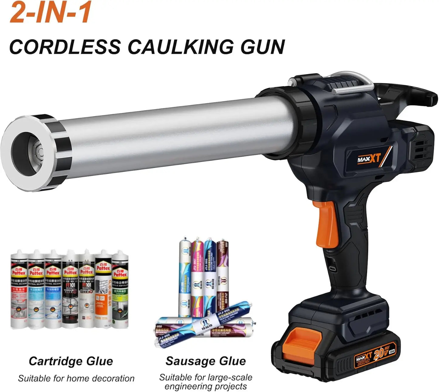 2-in-1 Cordless Caulking Gun Sausage Gun with 2.0AH Batteries, for 10oz-20oz/300-600ml Cartridges and Sausage Packs, Anti-Drippi