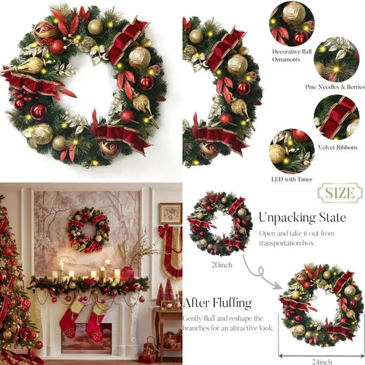 Pre-Lit 24 Inch Christmas Wreath for Front Door, Large Outdoor Holiday Wreath with Red and Gold Lights