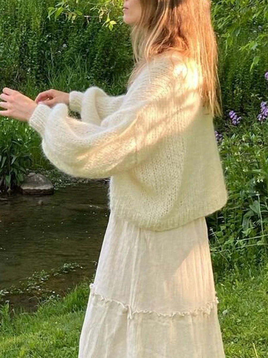 Women s Cozy Knit Sweater Long Puff Sleeve Open Front Solid Color Cardigan Winter Jacket with Faux Fur Trim