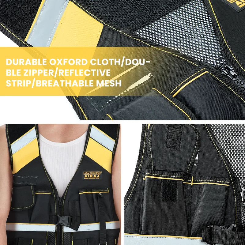 Heavy Duty Tool Vest Reflective Safety Multiple Pockets Oxford Tool Vest Breathable Adjustable Wear-resistant Storage Tool