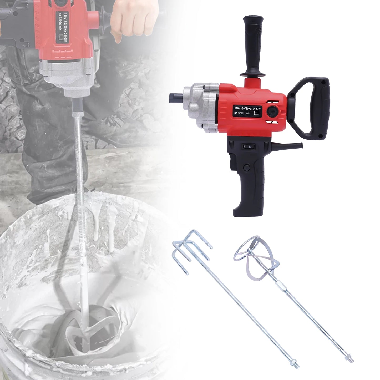 Drill Mixer Set with Spade Handle Electric Corded Mixing Drill Machine 2400W Motor Concrete Mud Mixer