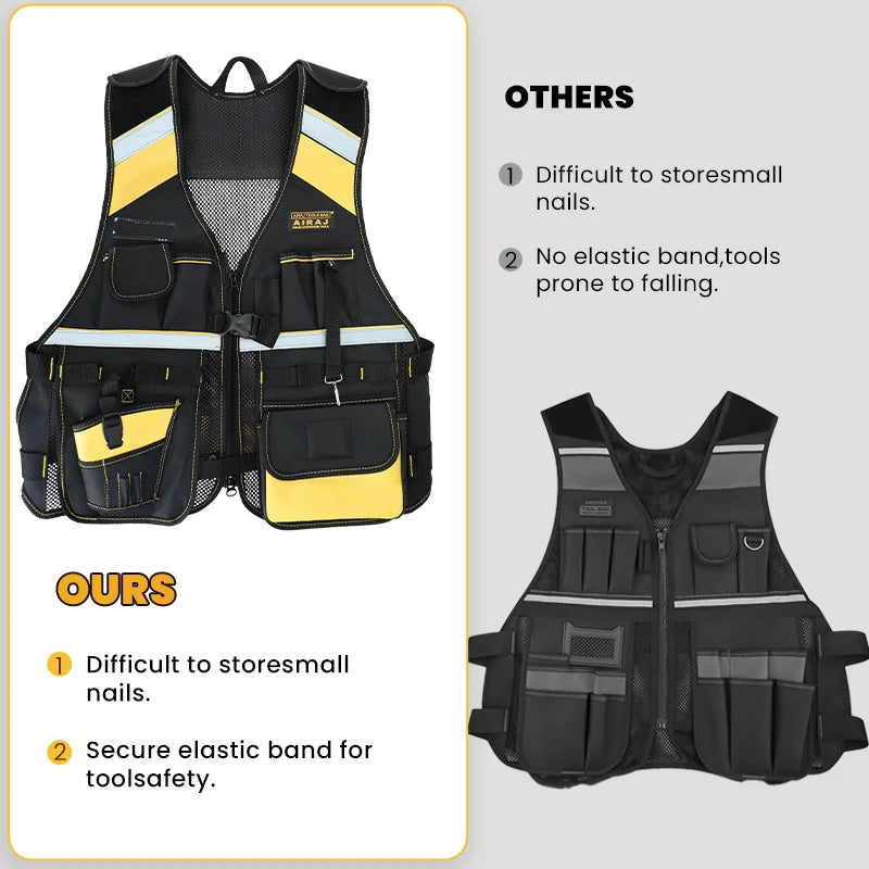 Heavy Duty Tool Vest Reflective Safety Multiple Pockets Oxford Tool Vest Breathable Adjustable Wear-resistant Storage Tool