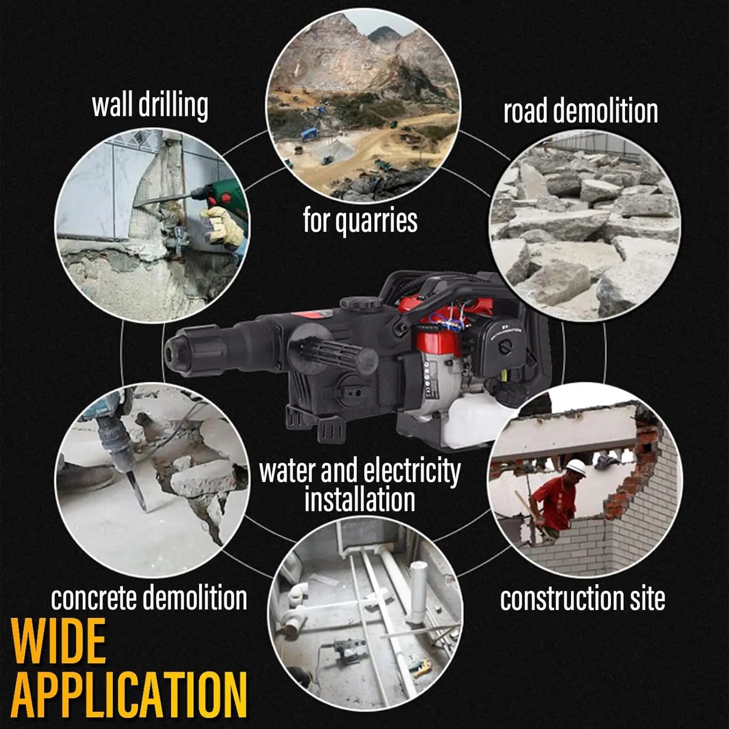 32.7CC 2 Strok Petrol Demolition Hammer 1800W 30J Gasoline Concrete Breaker Post Driver Fende Knocker Jack Hammer 3X Drills