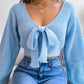 Women Y2K Bow Tie V Neck Bodycon Cropped Pullover Sweater Long Sleeve Fall Winter Solid Knit Top
