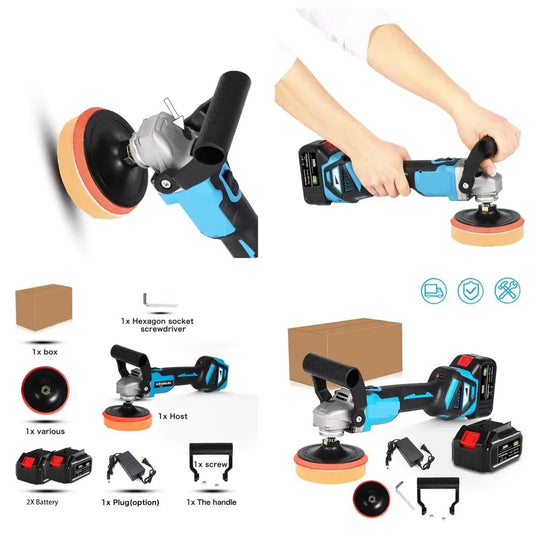 Brushless Angle Grinder 1600W Variable Speed Car Polisher for 18V Battery - Wet Polishing and Waxing Machine with Two Batteries
