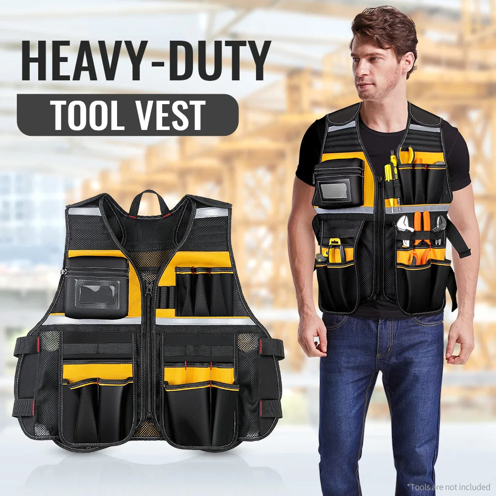WINHUNT Tool Vest, Multi-Pocket Work Vest with Reflective Strips, Oxford Fabric Construction, Black and Yellow
