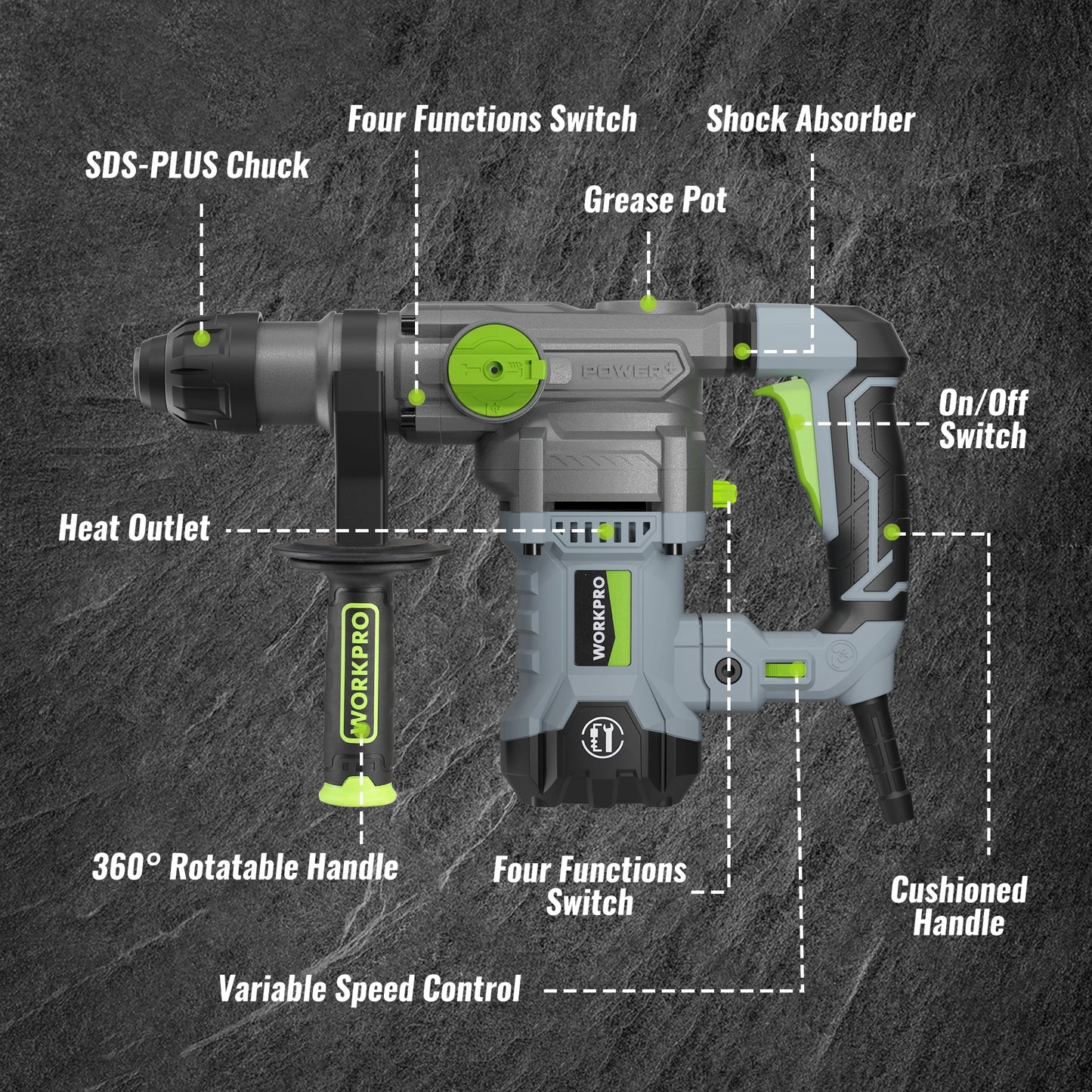 WORKPRO  12.5 AMP Heavy Duty Rotary Hammer Drill for Concrete 32mm MAX, Steel 13mm MAX,Wood 42mm MAX.