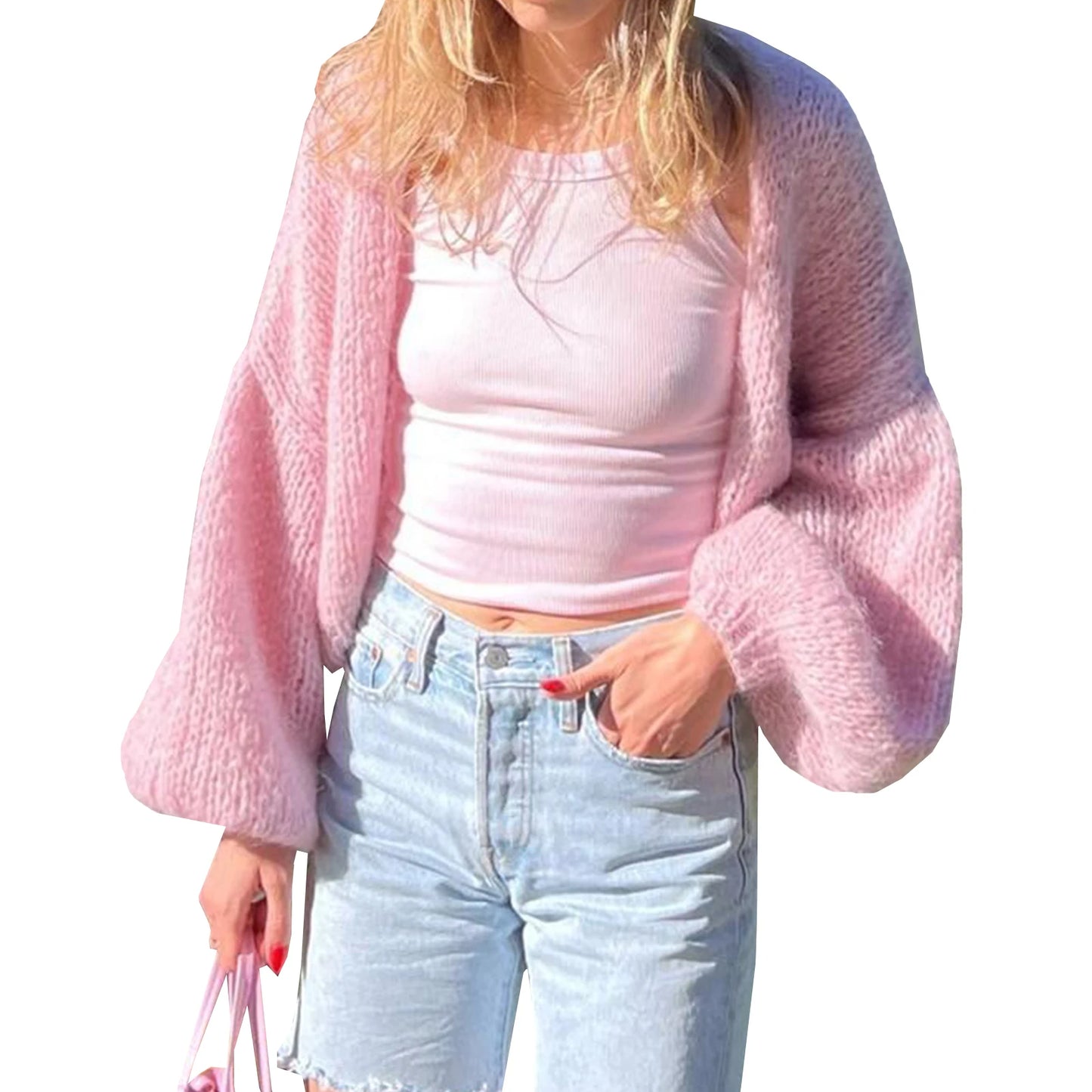 Women s Cozy Knit Sweater Long Puff Sleeve Open Front Solid Color Cardigan Winter Jacket with Faux Fur Trim