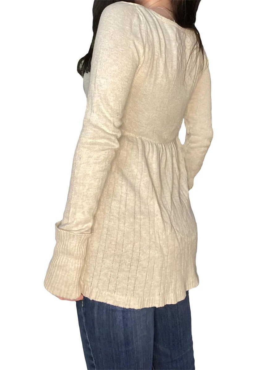 Elegant Women s Fall Knitwear Stylish Long Sleeve Tunic Sweater with Button Detail and Square Neckline