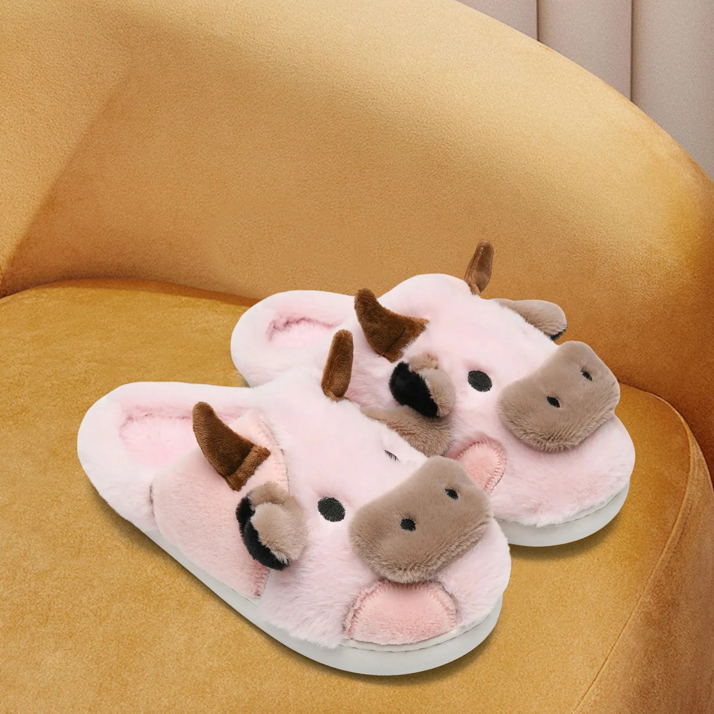 Fuzzy Cow Slippers for Women & Men, Couple's Warm Cartoon Cow Animals Slippers, Winter Cozy Fluffy Plush Slip On House Slippers