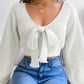 Women Y2K Bow Tie V Neck Bodycon Cropped Pullover Sweater Long Sleeve Fall Winter Solid Knit Top