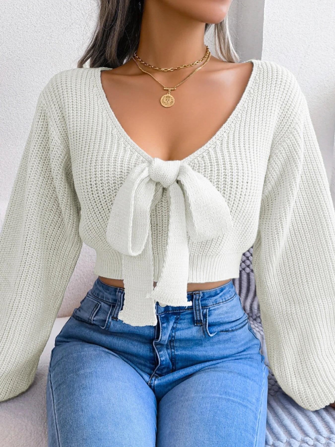 Women Y2K Bow Tie V Neck Bodycon Cropped Pullover Sweater Long Sleeve Fall Winter Solid Knit Top