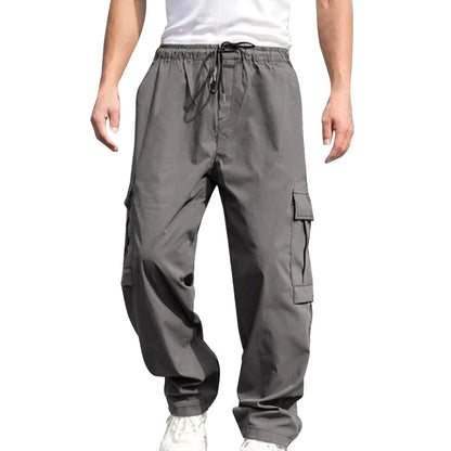Men s Loose Cargo Long Pants Solid Color Drawstring Waist Straight Leg Trousers Casual Work Pants with Pockets