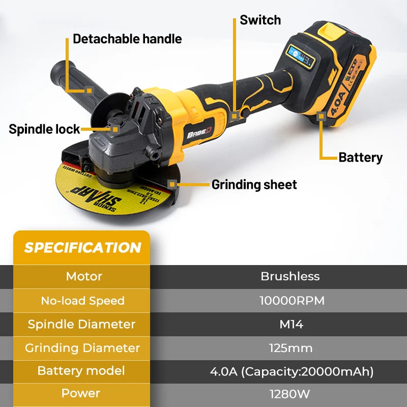 BABEQ 125MM Brushless Angle Grinder Cordless Grinder 3-Speed Metal Wood Cutting Polishing Power Tool for Makita 18V Battery Pin