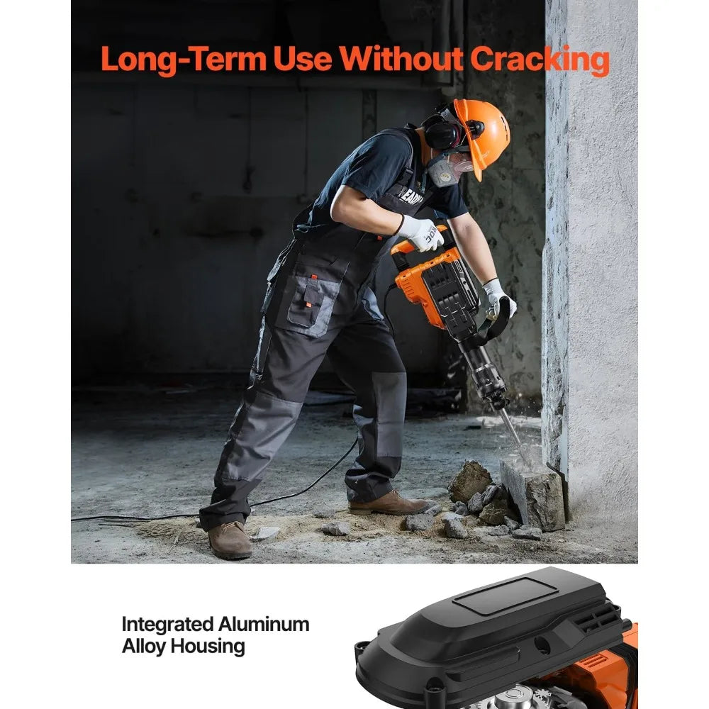 VEVOR 3500W Electric Demolition Hammer, 1900 BPM Durable Jack Hammer, Concrete Breaker with 2 Chisels, Gloves, and a 360° Rotata