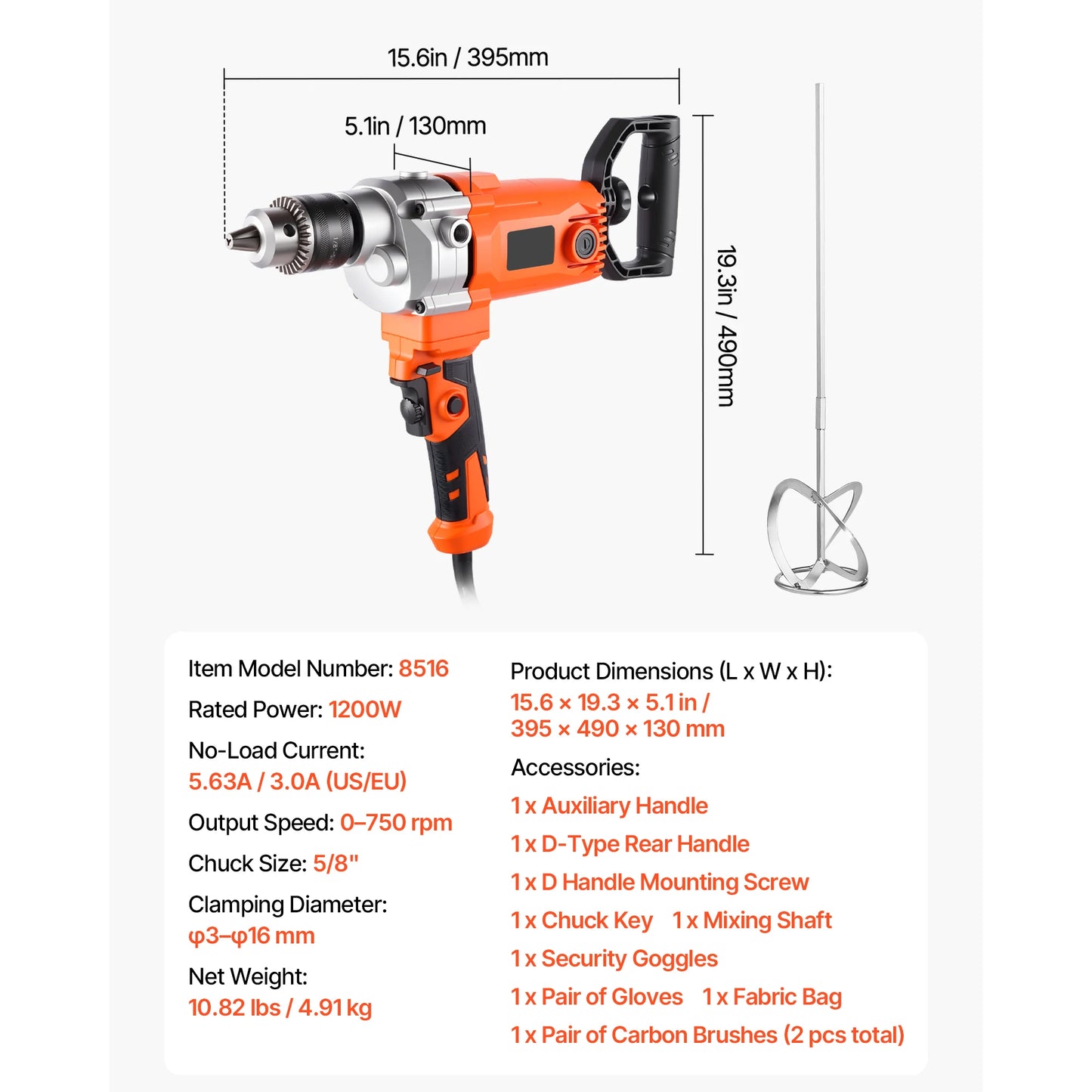 SucceBuy Drill Mixer 1/2in 5/8 in Corded Electric Drill Mixer Set Mixing Drills Machine D-Handle Handheld Cement Mixers